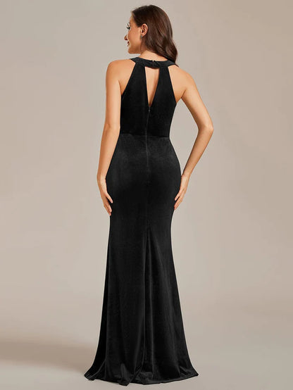 Halter Sleeveless Velvet Evening Dress with Shiny Belt