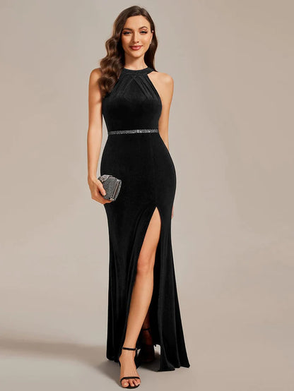 Halter Sleeveless Velvet Evening Dress with Shiny Belt