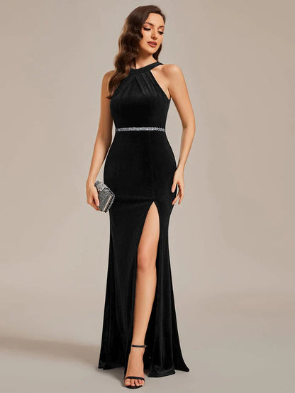 Halter Sleeveless Velvet Evening Dress with Shiny Belt