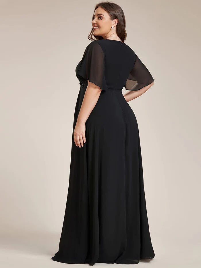 Plus Size Applique Short Sleeve A-Line Chiffon Evening Dress