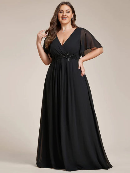 Plus Size Applique Short Sleeve A-Line Chiffon Evening Dress