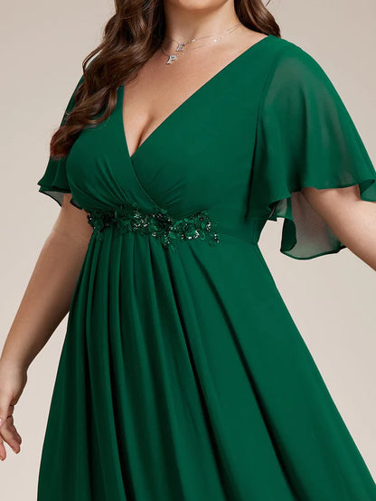 Plus Size Applique Short Sleeve A-Line Chiffon Evening Dress