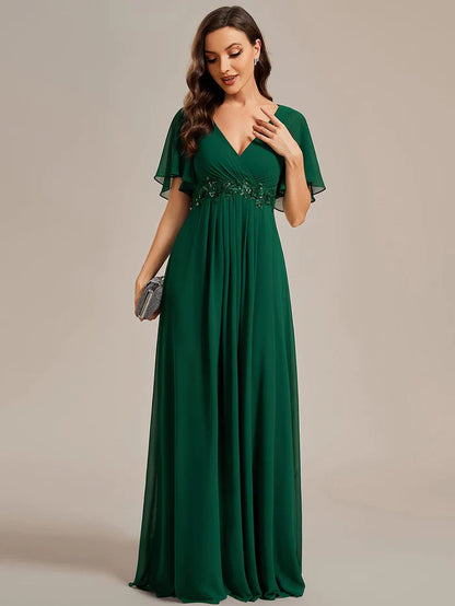 Elegant Chiffon Applique Evening Dress with Flutter Sleeves