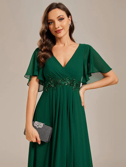 Elegant Chiffon Applique Evening Dress with Flutter Sleeves