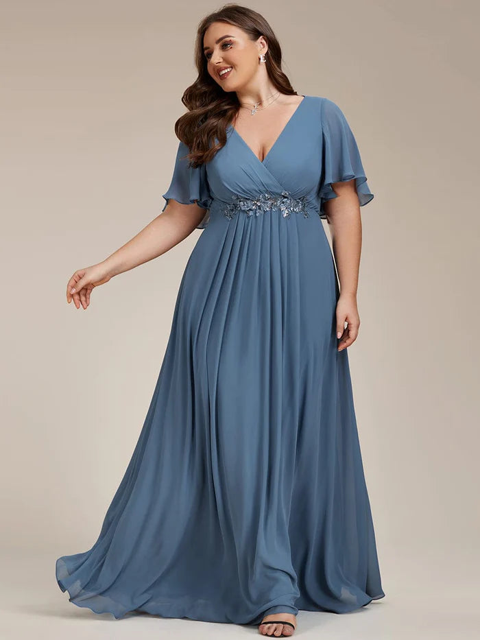 Plus Size Applique Short Sleeve A-Line Chiffon Evening Dress