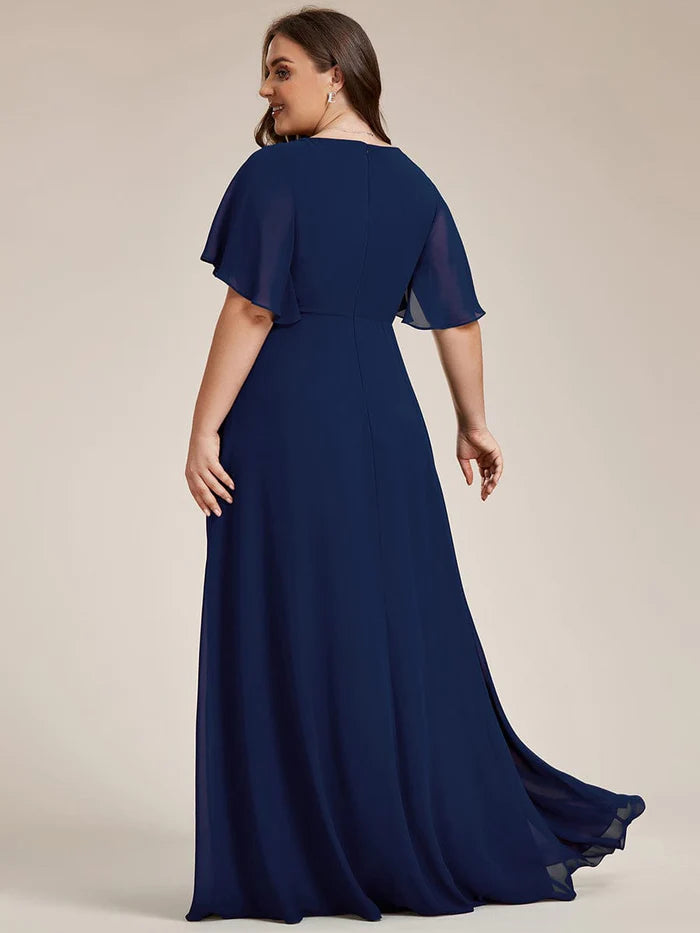 Plus Size Applique Short Sleeve A-Line Chiffon Evening Dress