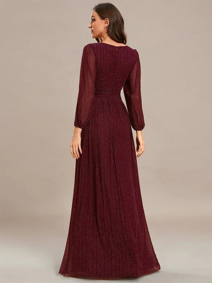 Glittery Empire Waist Long Lantern Sleeves A-Line Evening Dress