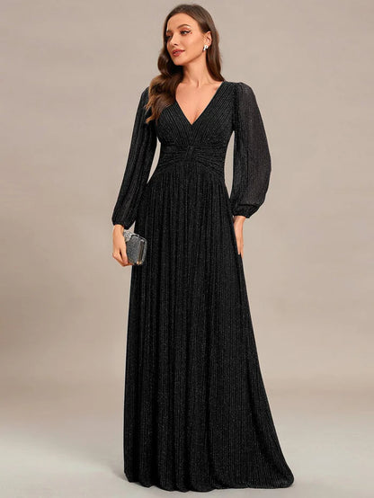 Sparkle Long Sleeve Formal Evening Dress with A-line Silhouette