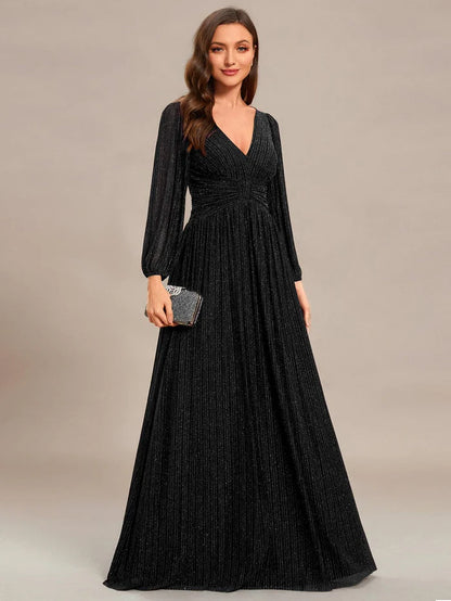 Sparkle Long Sleeve Formal Evening Dress with A-line Silhouette