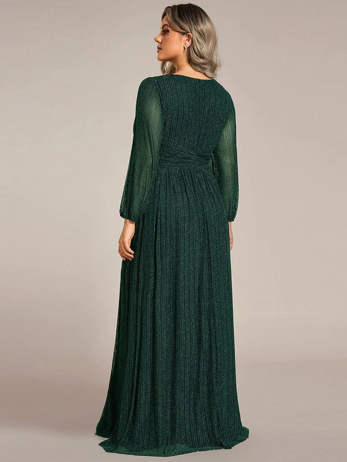 Glittery Empire Waist Long Lantern Sleeves A-Line Evening Dress