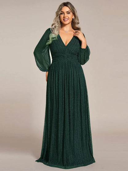 Glittery Empire Waist Long Lantern Sleeves A-Line Evening Dress