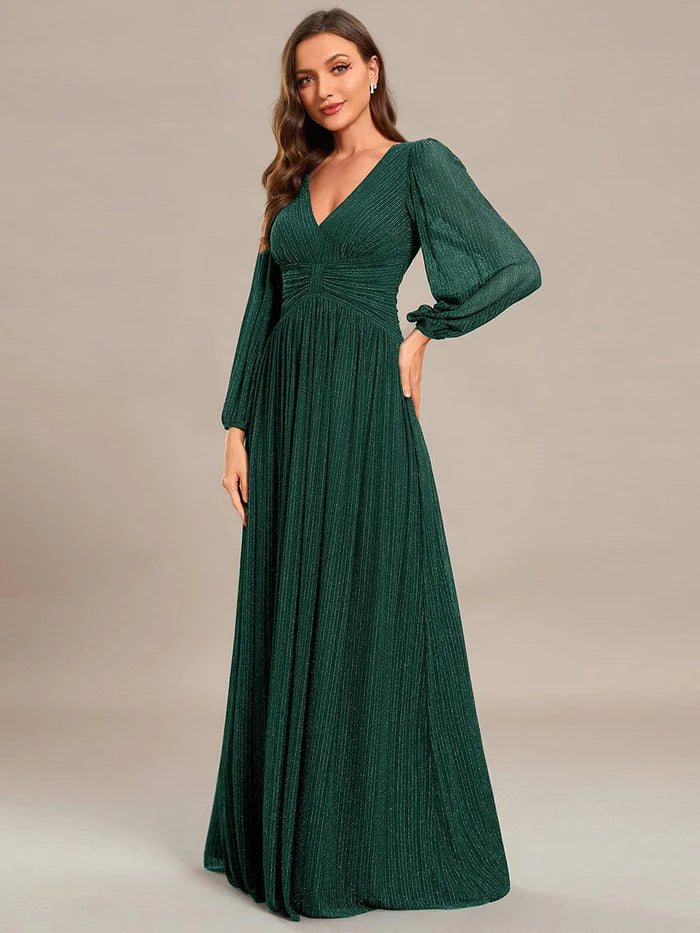 Glittery Empire Waist Long Lantern Sleeves A-Line Evening Dress