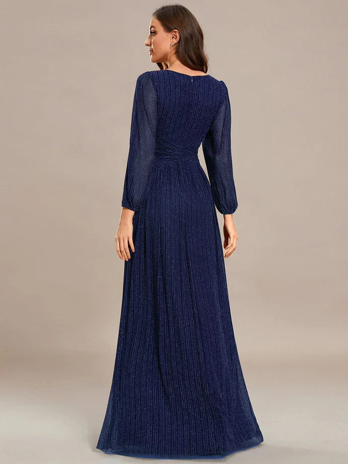 Glittery Empire Waist Long Lantern Sleeves A-Line Evening Dress