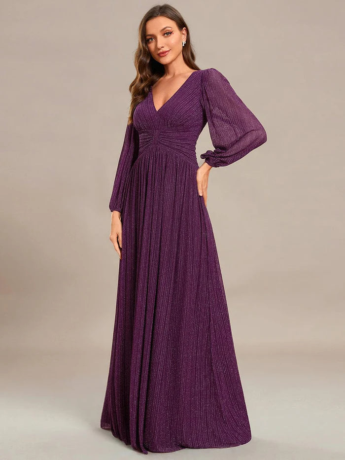 Sparkle Long Sleeve Formal Evening Dress with A-line Silhouette