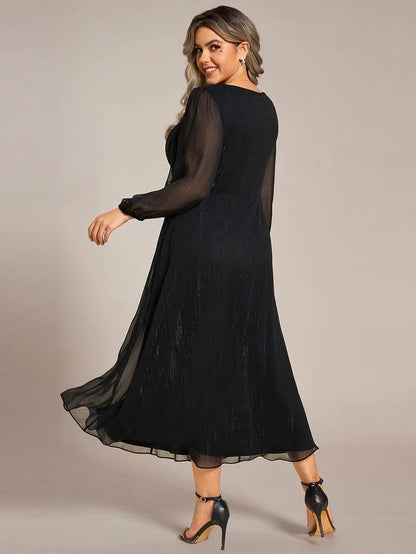 Plus Size Long Sleeve V-Neck Chiffon Twist Knot A-Line Evening Dress