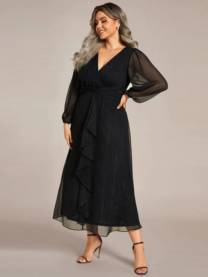 Plus Size Long Sleeve V-Neck Chiffon Twist Knot A-Line Evening Dress