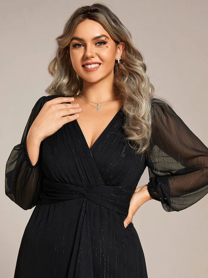 Plus Size Long Sleeve V-Neck Chiffon Twist Knot A-Line Evening Dress