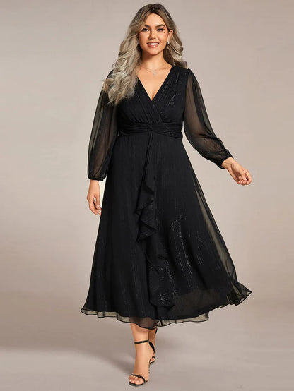 Shimmering Long Sleeve V-Neck Chiffon Twist Knot A-Line Evening Dress