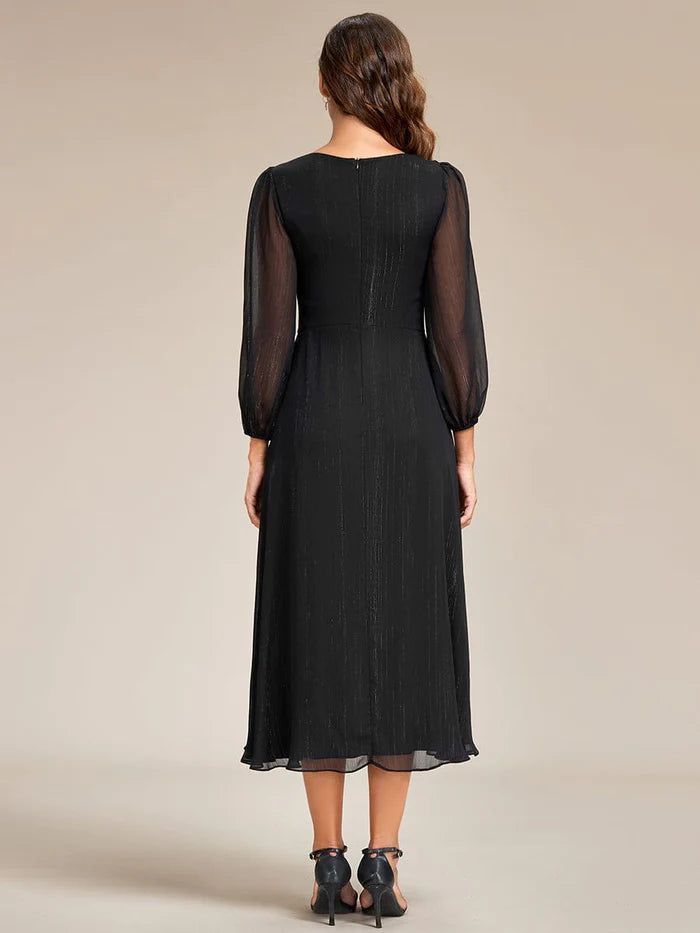 Shimmering Long Sleeve V-Neck Chiffon Twist Knot A-Line Evening Dress