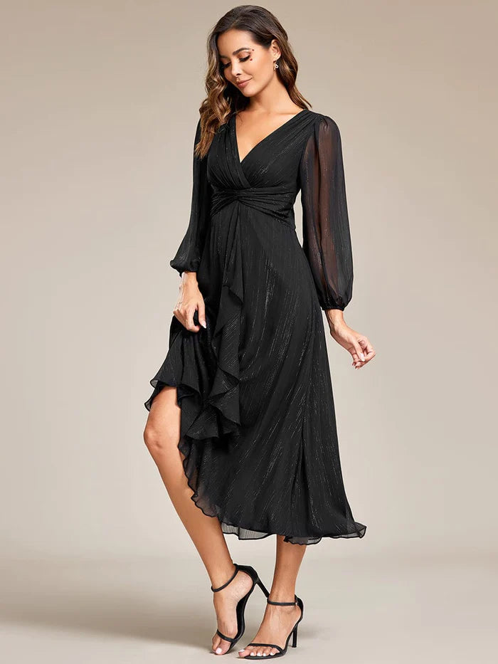 Shimmering Long Sleeve V-Neck Chiffon Twist Knot A-Line Evening Dress