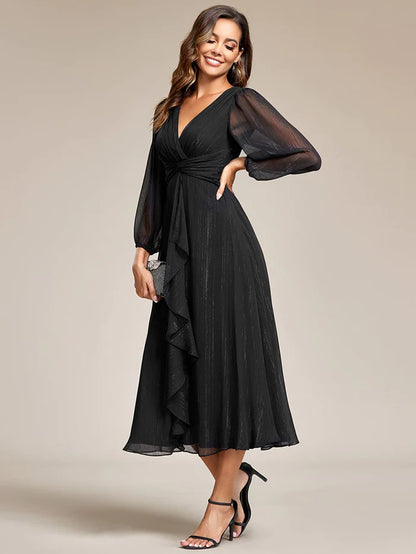 Shimmering Long Sleeve V-Neck Chiffon Twist Knot A-Line Evening Dress