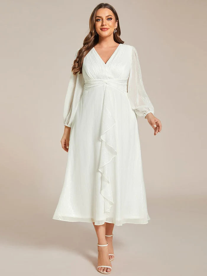 Plus Size Long Sleeve V-Neck Chiffon Twist Knot A-Line Evening Dress