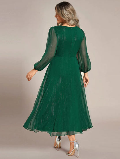 Plus Size Long Sleeve V-Neck Chiffon Twist Knot A-Line Evening Dress