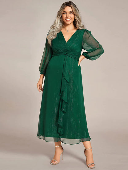 Plus Size Long Sleeve V-Neck Chiffon Twist Knot A-Line Evening Dress