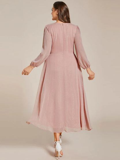 Plus Size Long Sleeve V-Neck Chiffon Twist Knot A-Line Evening Dress