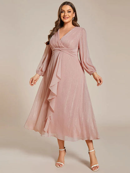 Plus Size Long Sleeve V-Neck Chiffon Twist Knot A-Line Evening Dress