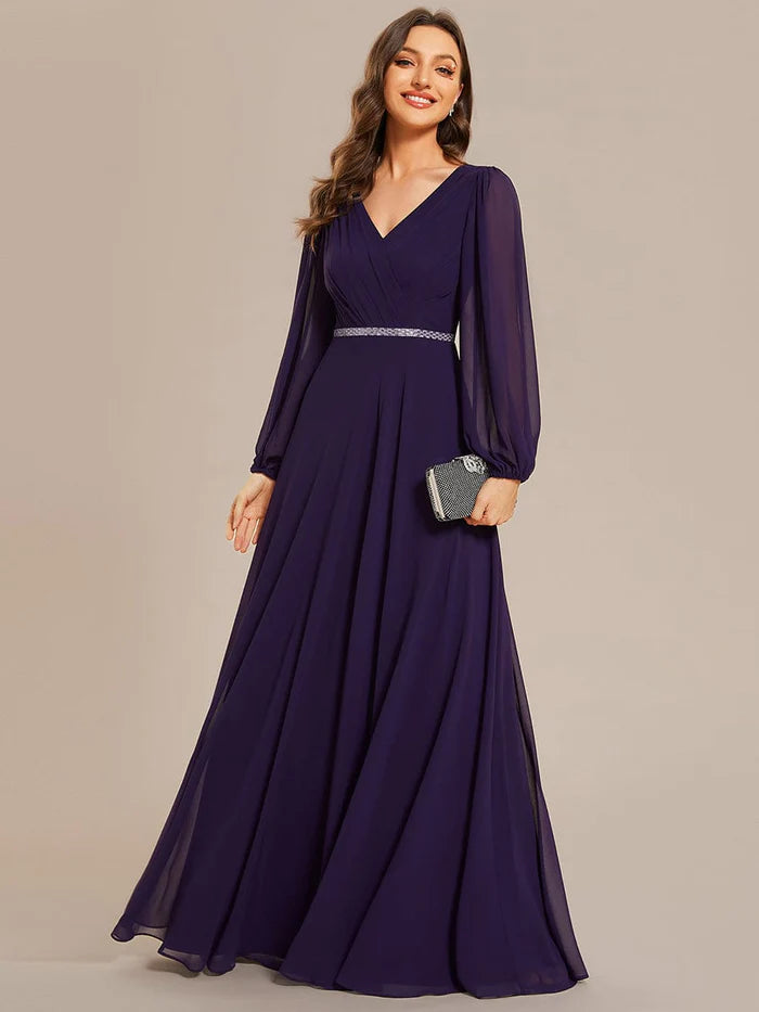 Pleated Double V-Neck Long Sleeves Shiny Belt Chiffon Evening Dress