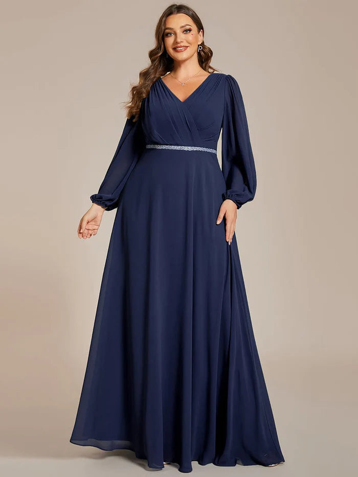 Pleated Double V-Neck Long Sleeves Shiny Belt Chiffon Evening Dress