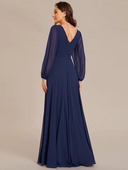 Pleated Double V-Neck Long Sleeves Shiny Belt Chiffon Evening Dress