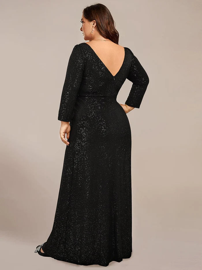 Plus Size Long Sleeve V-Neck Glitter High Slit Evening Dress