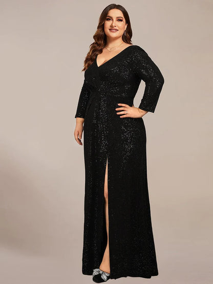 Plus Size Long Sleeve V-Neck Glitter High Slit Evening Dress