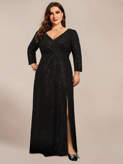 Plus Size Long Sleeve V-Neck Glitter High Slit Evening Dress