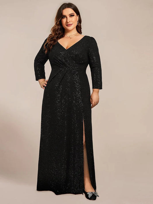 Plus Size Long Sleeve V-Neck Glitter High Slit Evening Dress