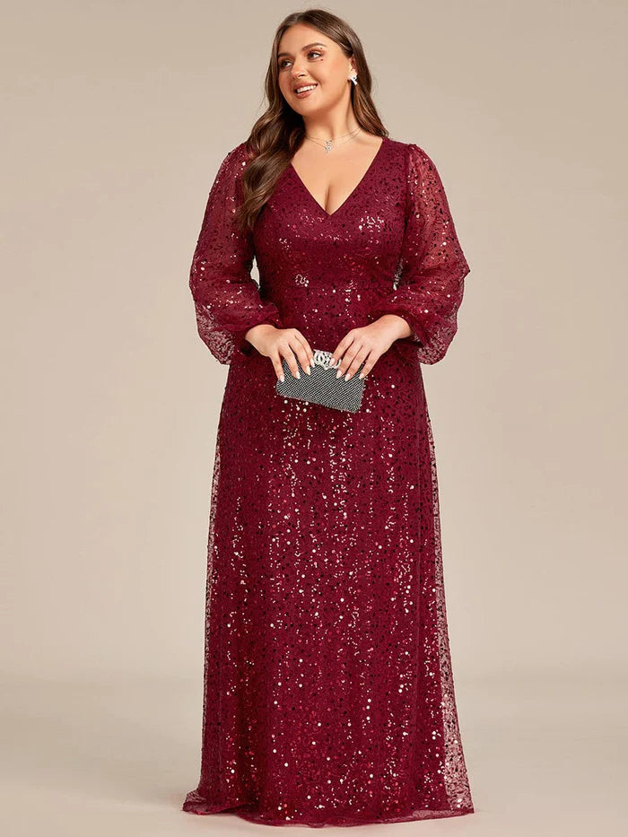 Koutun V-Neck Lantern Long Sleeve Sequin A-Line Evening Dress