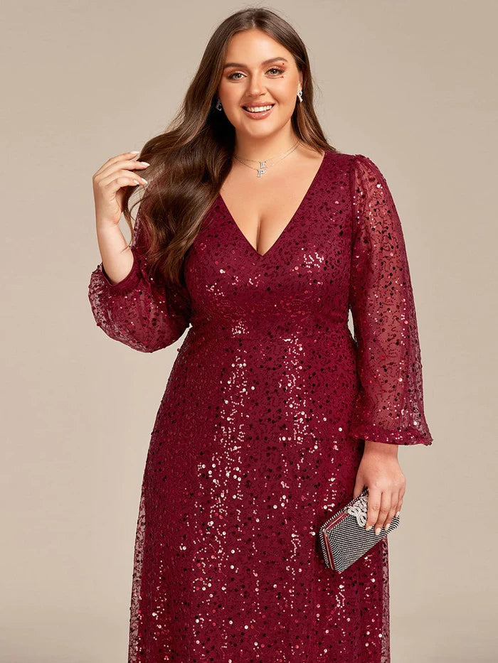 Koutun V-Neck Lantern Long Sleeve Sequin A-Line Evening Dress