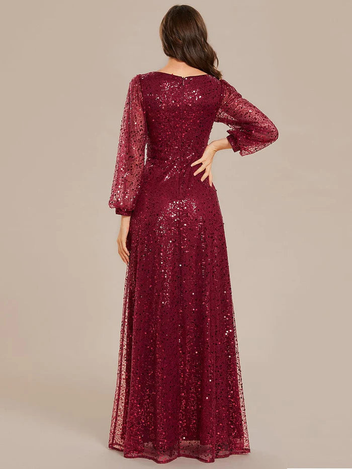 Koutun V-Neck Lantern Long Sleeve Sequin A-Line Evening Dress