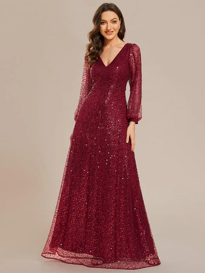 Koutun V-Neck Lantern Long Sleeve Sequin A-Line Evening Dress