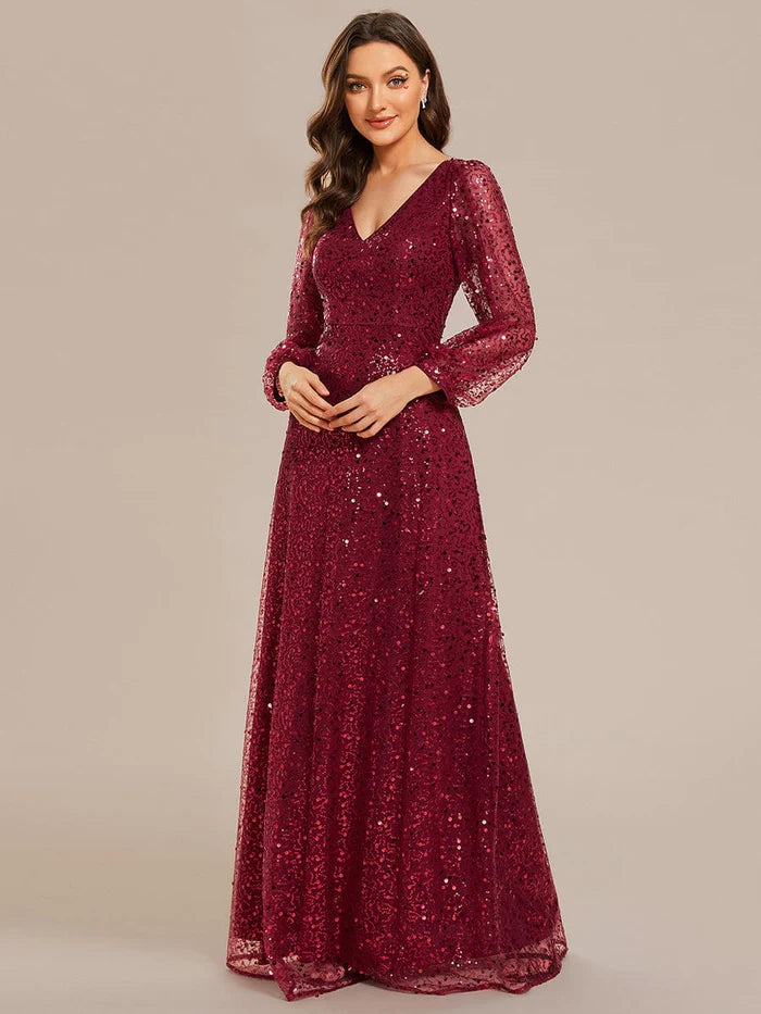 Koutun V-Neck Lantern Long Sleeve Sequin A-Line Evening Dress