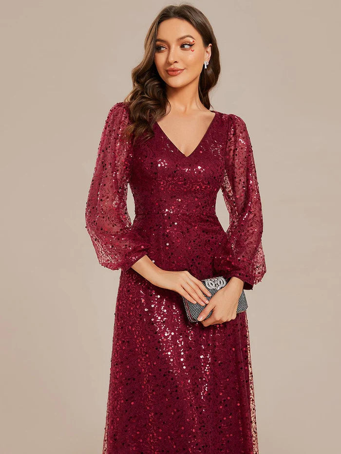 Koutun V-Neck Lantern Long Sleeve Sequin A-Line Evening Dress