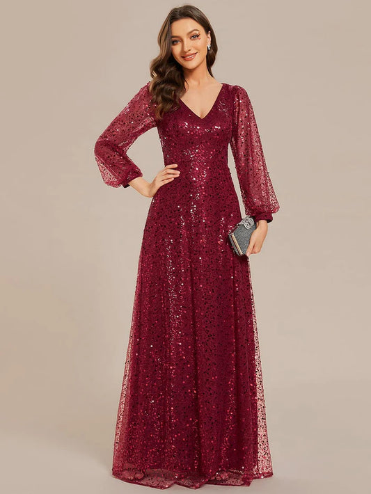 Koutun V-Neck Lantern Long Sleeve Sequin A-Line Evening Dress