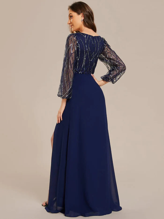 Sequin Long Sleeves A-Line V-Neck Floor-Length Evening Dress