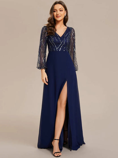 Sequin Long Sleeves A-Line V-Neck Floor-Length Evening Dress