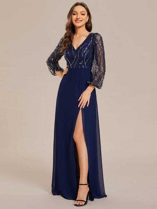 Sequin Long Sleeves A-Line V-Neck Floor-Length Evening Dress