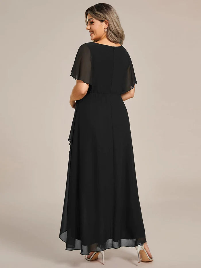 Plus Size V-Neck Chiffon Bat-Wing Sleeve A-Line Waist Applique Formal Dress