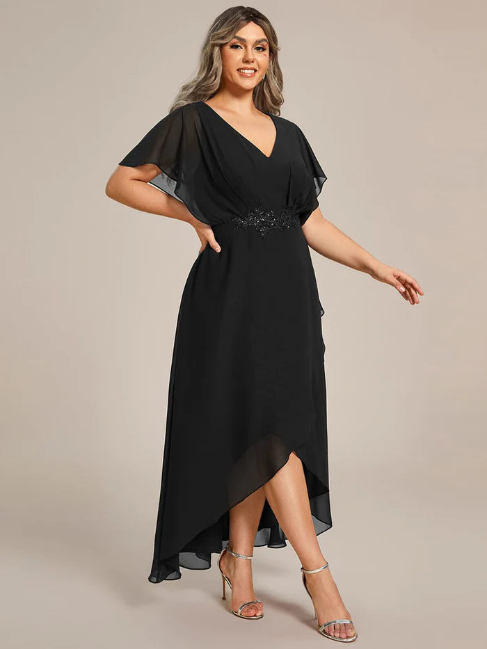 Plus Size V-Neck Chiffon Bat-Wing Sleeve A-Line Waist Applique Formal Dress