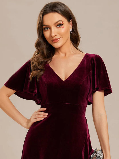 Elegant Double V-Neck Short Sleeves Velvet Evening Dress